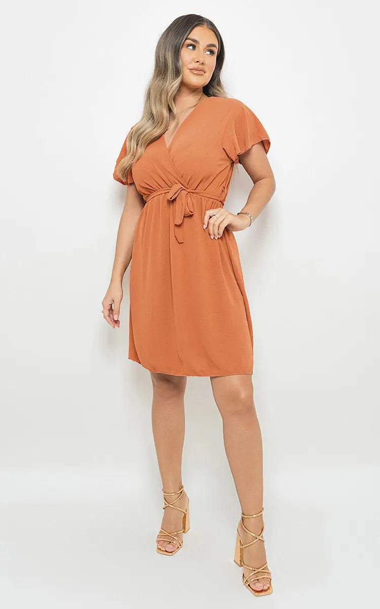 Butterfly Sleeve Belted Wrap Mini Dress-9