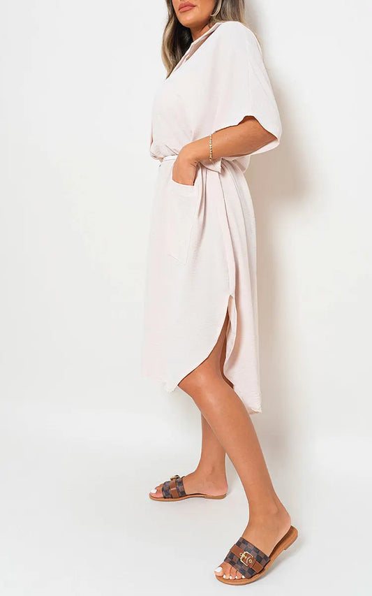 Button Down Collared Midi Dress with Two Front Pockets-20