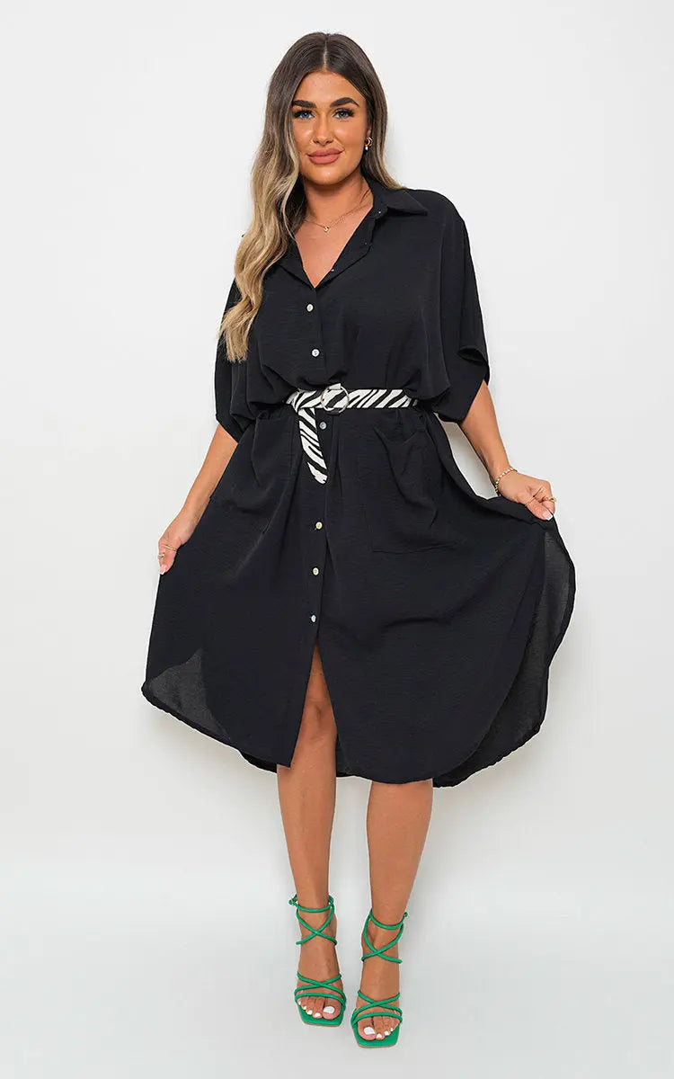 Button Down Collared Midi Dress with Two Front Pockets-10