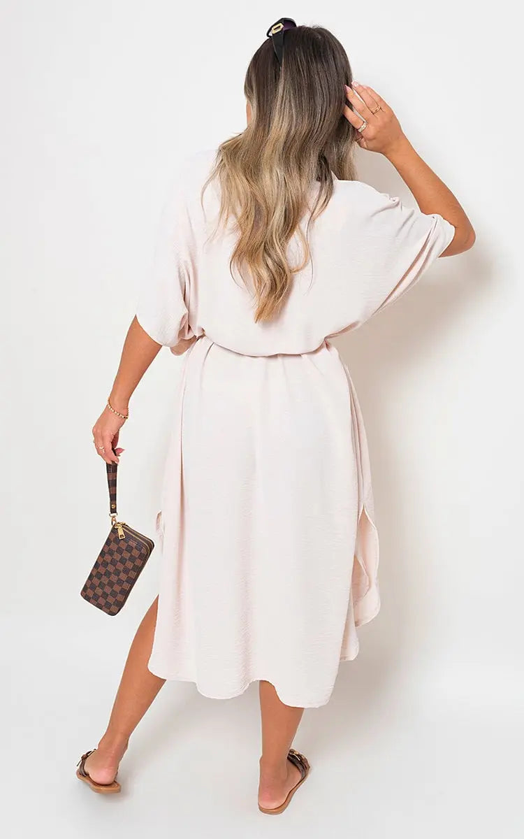 Button Down Collared Midi Dress with Two Front Pockets-21