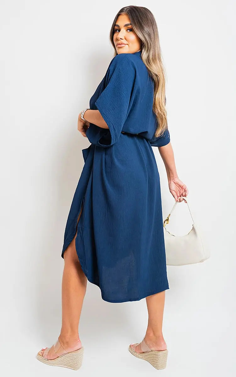 Button Down Collared Midi Dress with Two Front Pockets-1