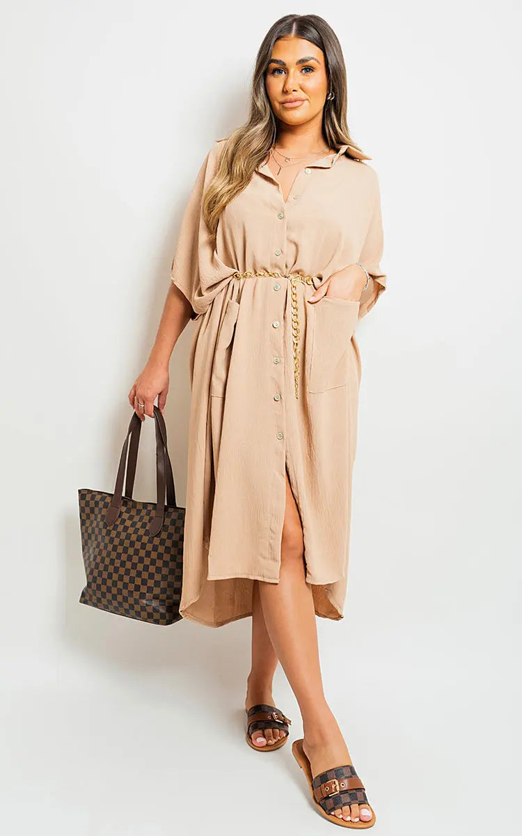 Button Down Collared Midi Dress with Two Front Pockets-2