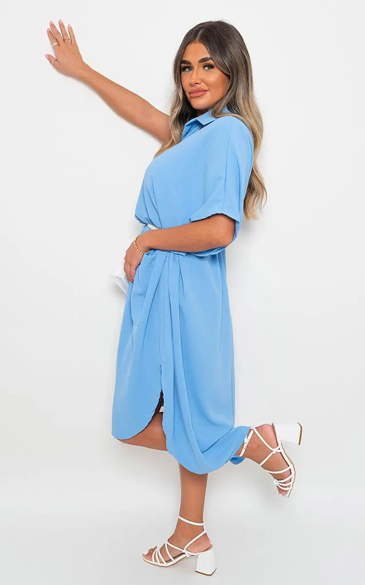 Button Down Collared Midi Dress with Two Front Pockets-23