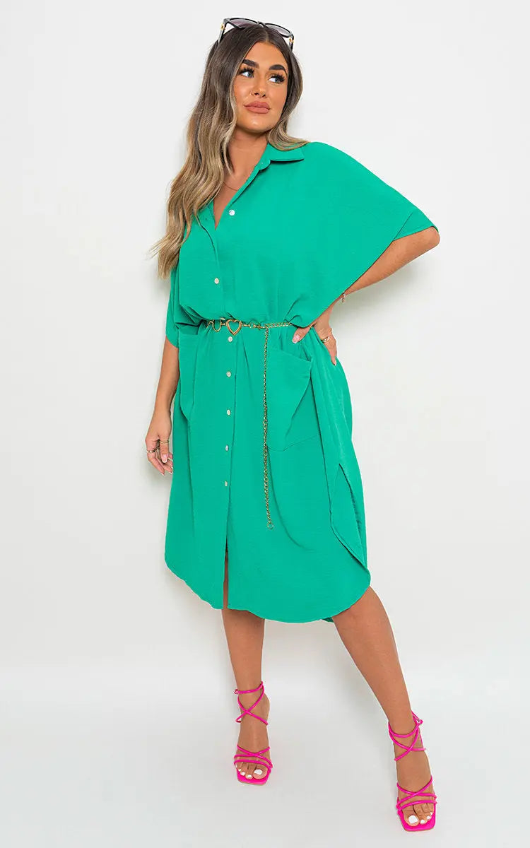 Button Down Collared Midi Dress with Two Front Pockets-13