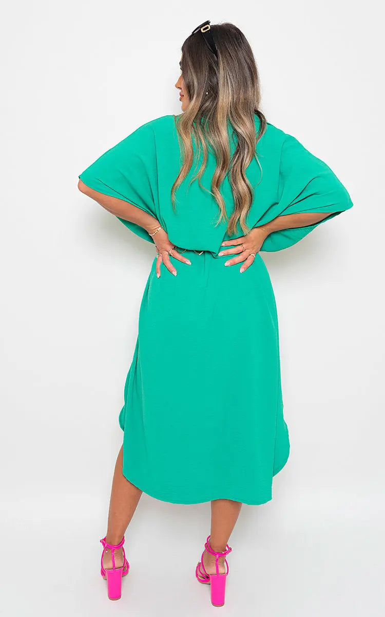 Button Down Collared Midi Dress with Two Front Pockets-14