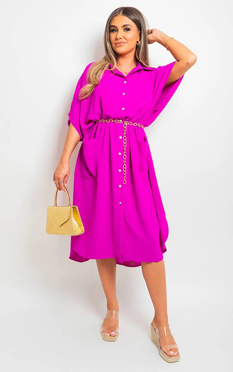 Button Down Collared Midi Dress with Two Front Pockets-25