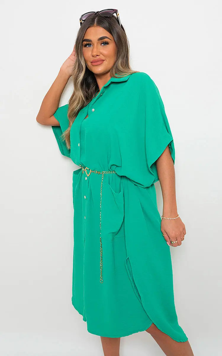 Button Down Collared Midi Dress with Two Front Pockets-15