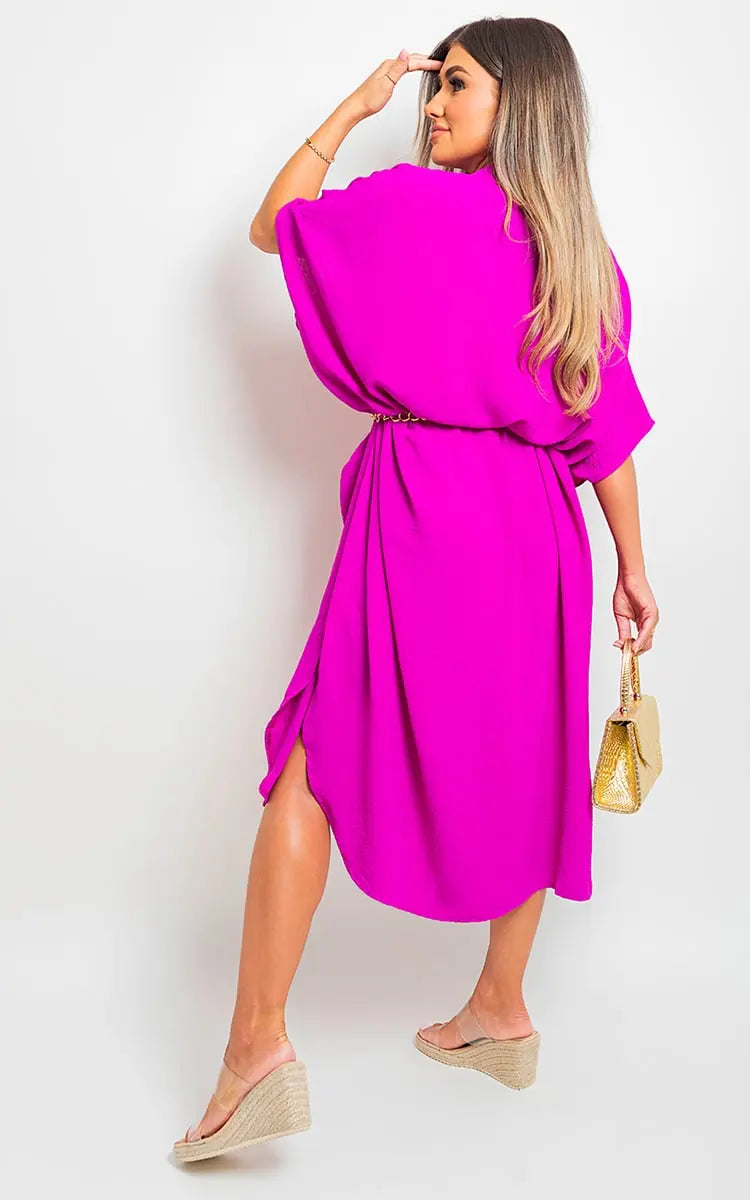 Button Down Collared Midi Dress with Two Front Pockets-26