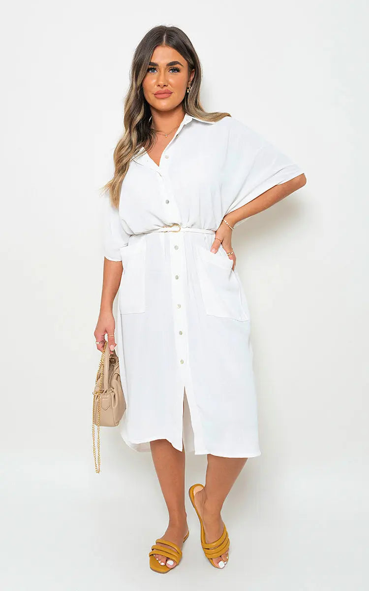 Button Down Collared Midi Dress with Two Front Pockets-16