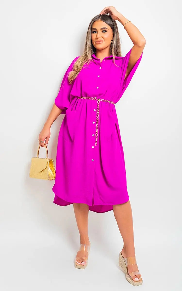 Button Down Collared Midi Dress with Two Front Pockets-27