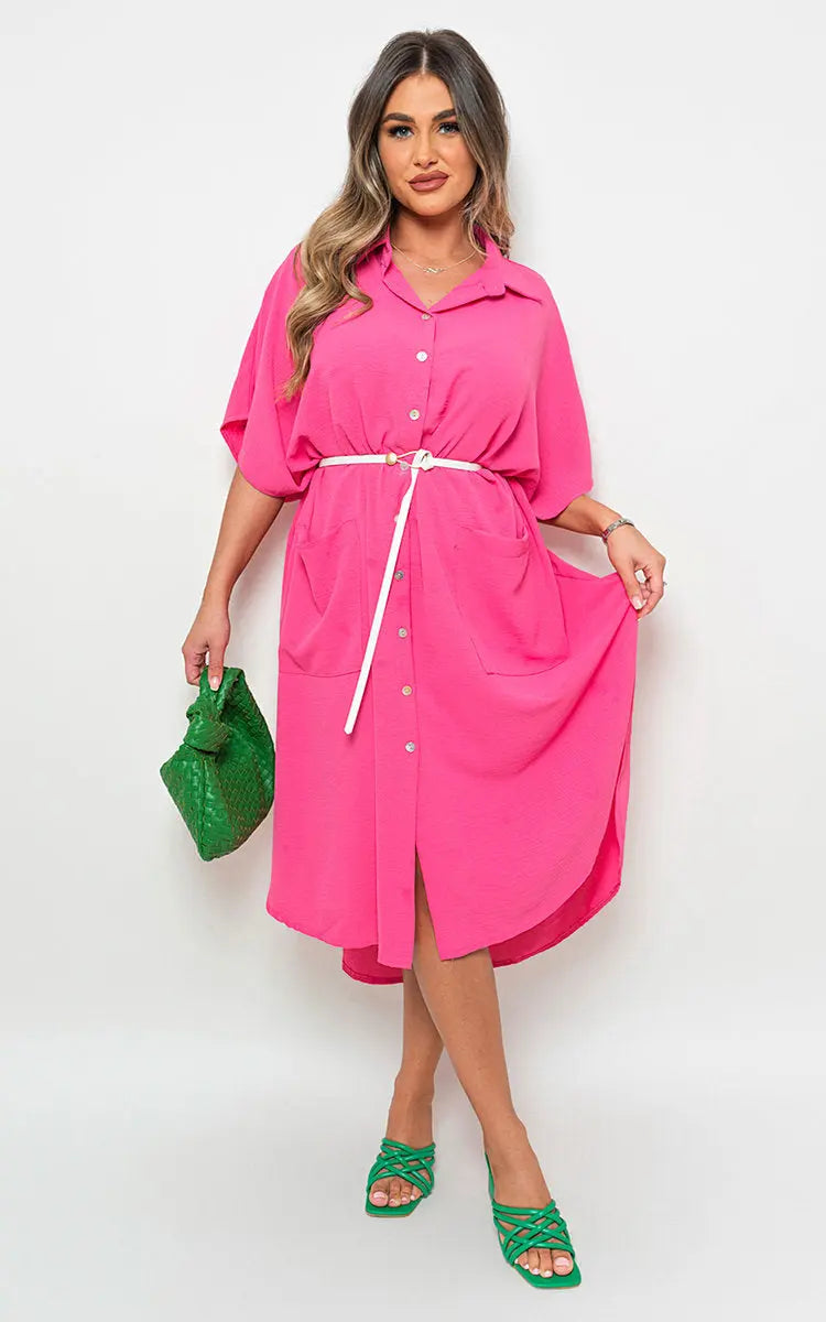 Button Down Collared Midi Dress with Two Front Pockets-7