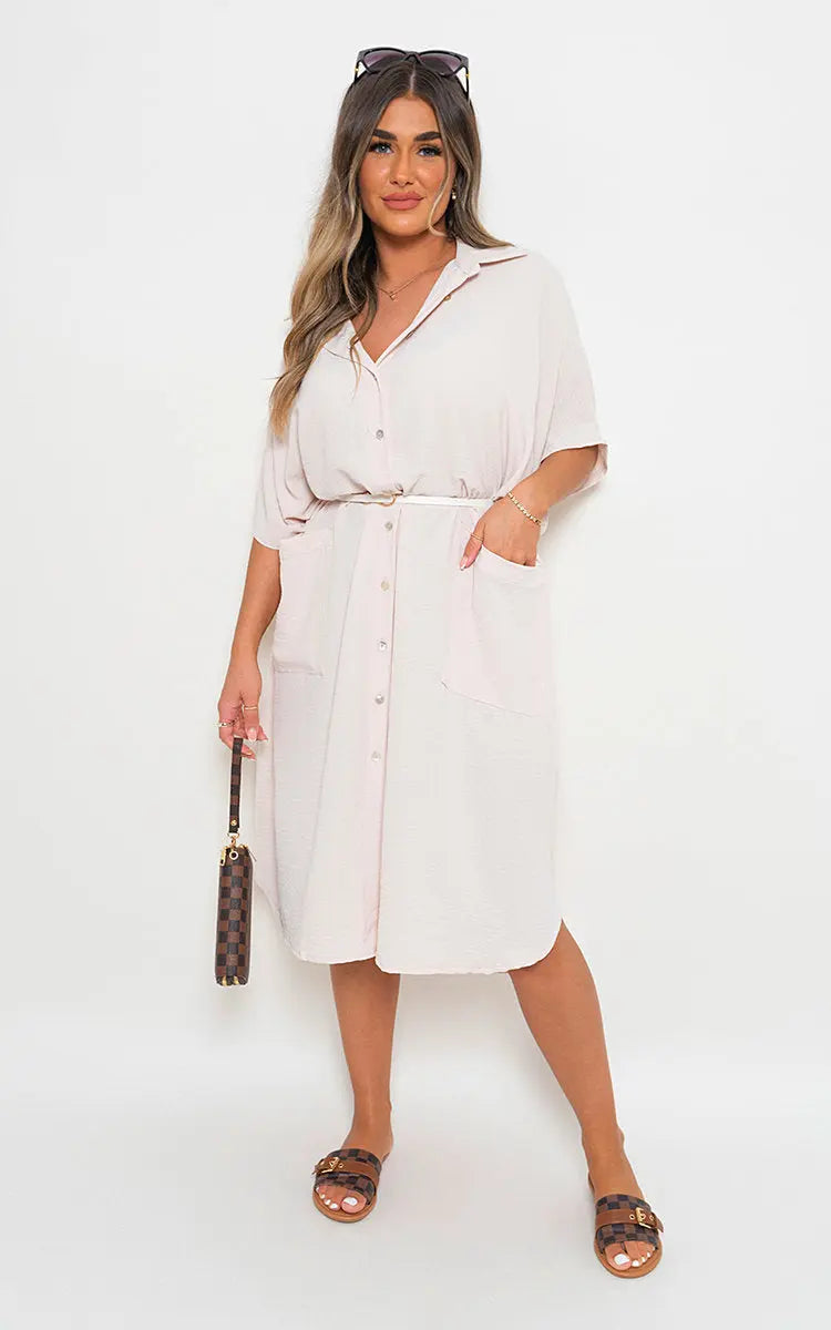 Button Down Collared Midi Dress with Two Front Pockets-19