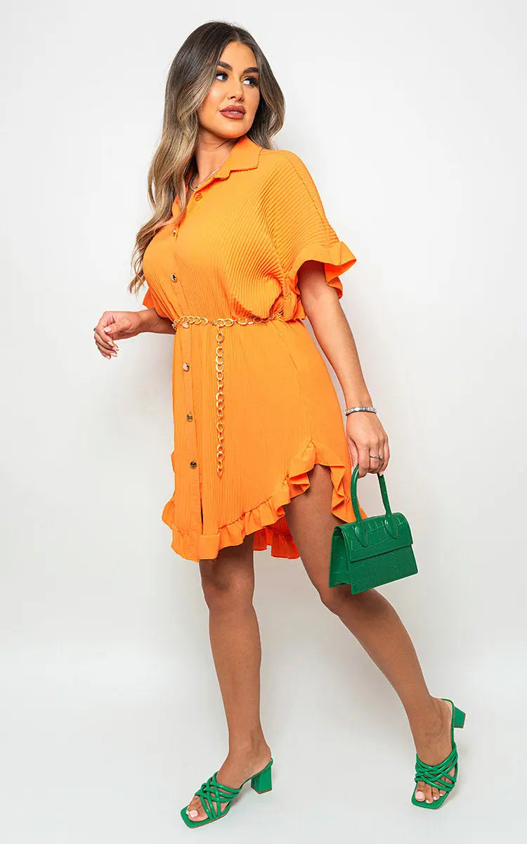 Button Down Oversized Ruffle Short Sleeve Mini Dress-5