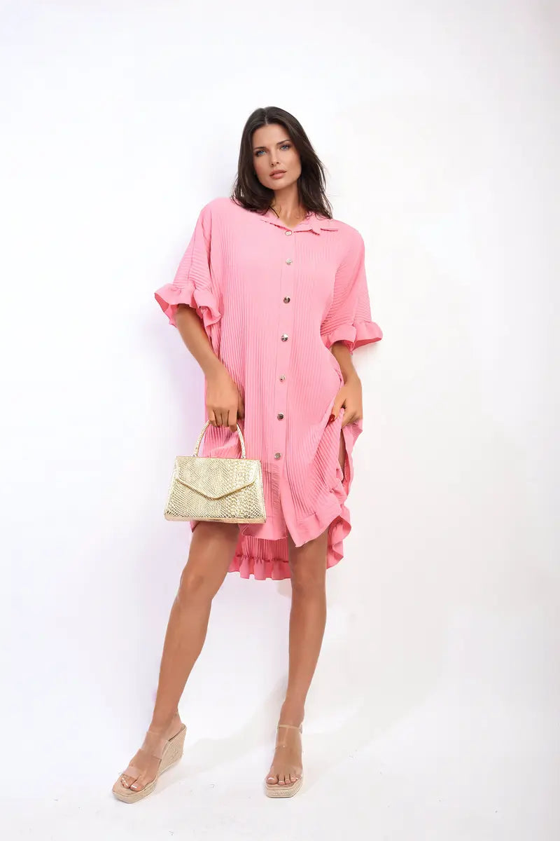 Button Down Oversized Ruffle Short Sleeve Mini Dress-9