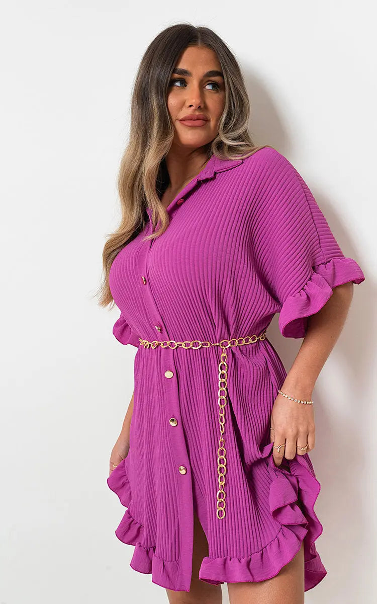 Button Down Oversized Ruffle Short Sleeve Mini Dress-13