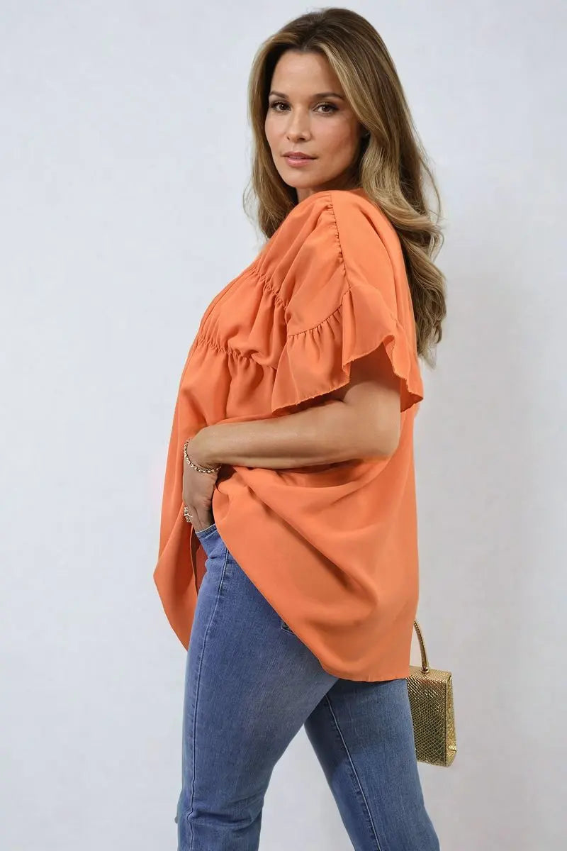 Button Down Pleated Frill Tops-0