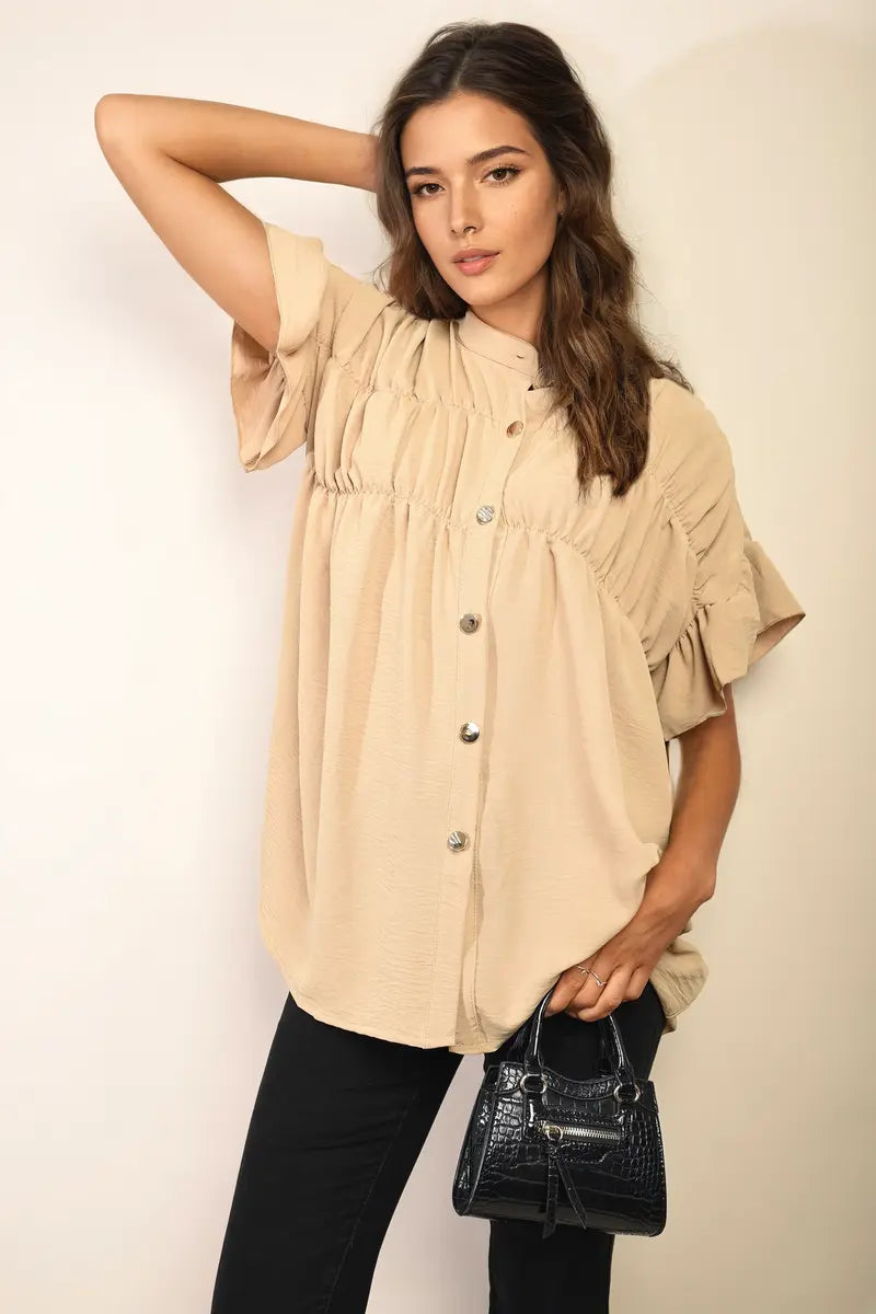 Button Down Pleated Frill Tops-2