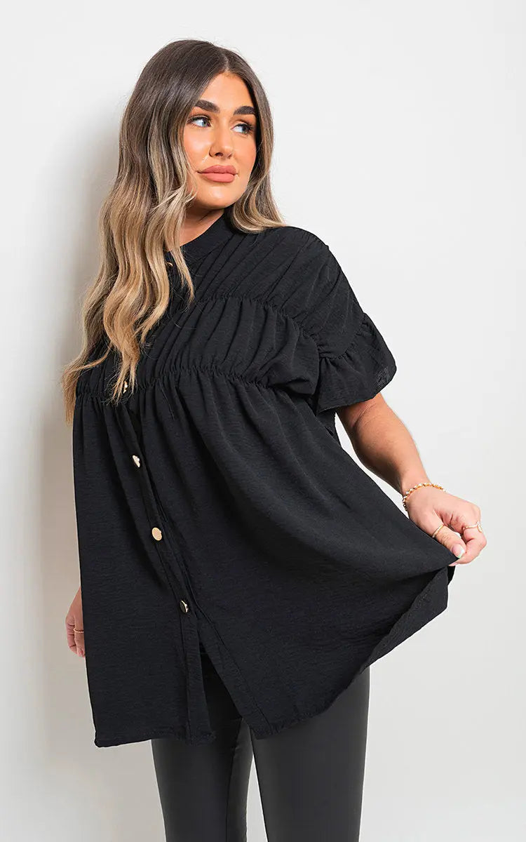 Button Down Pleated Frill Tops-5