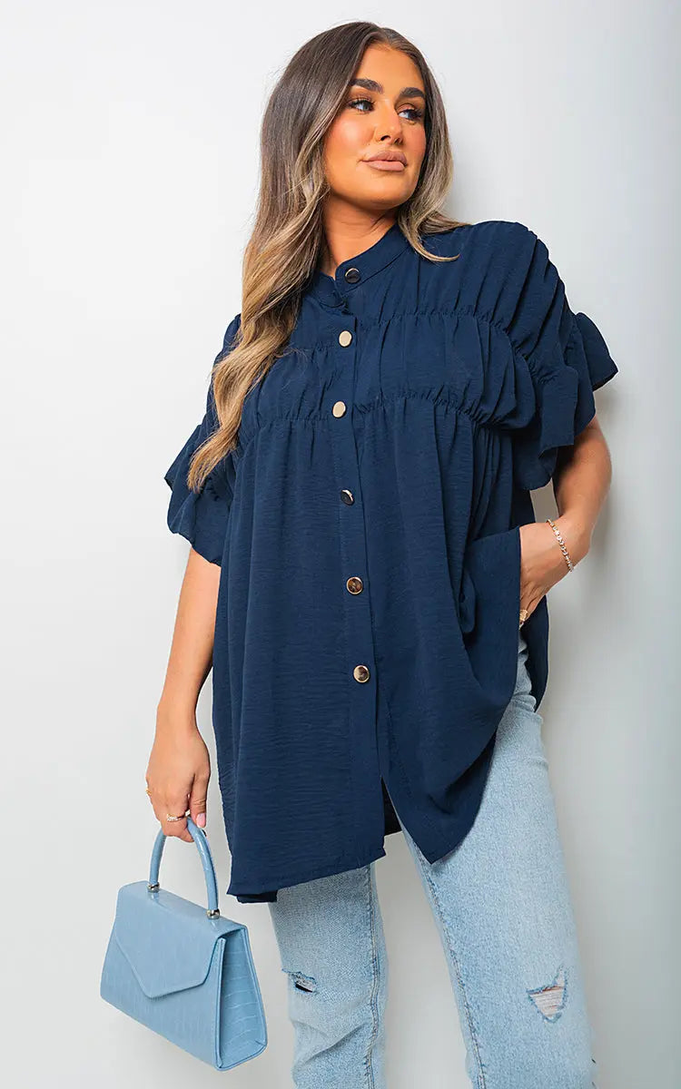 Button Down Pleated Frill Tops-8