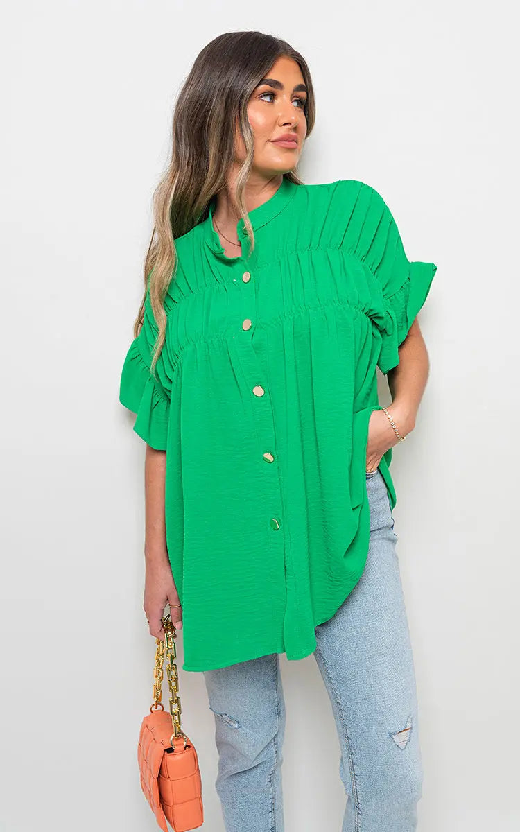 Button Down Pleated Frill Tops-13