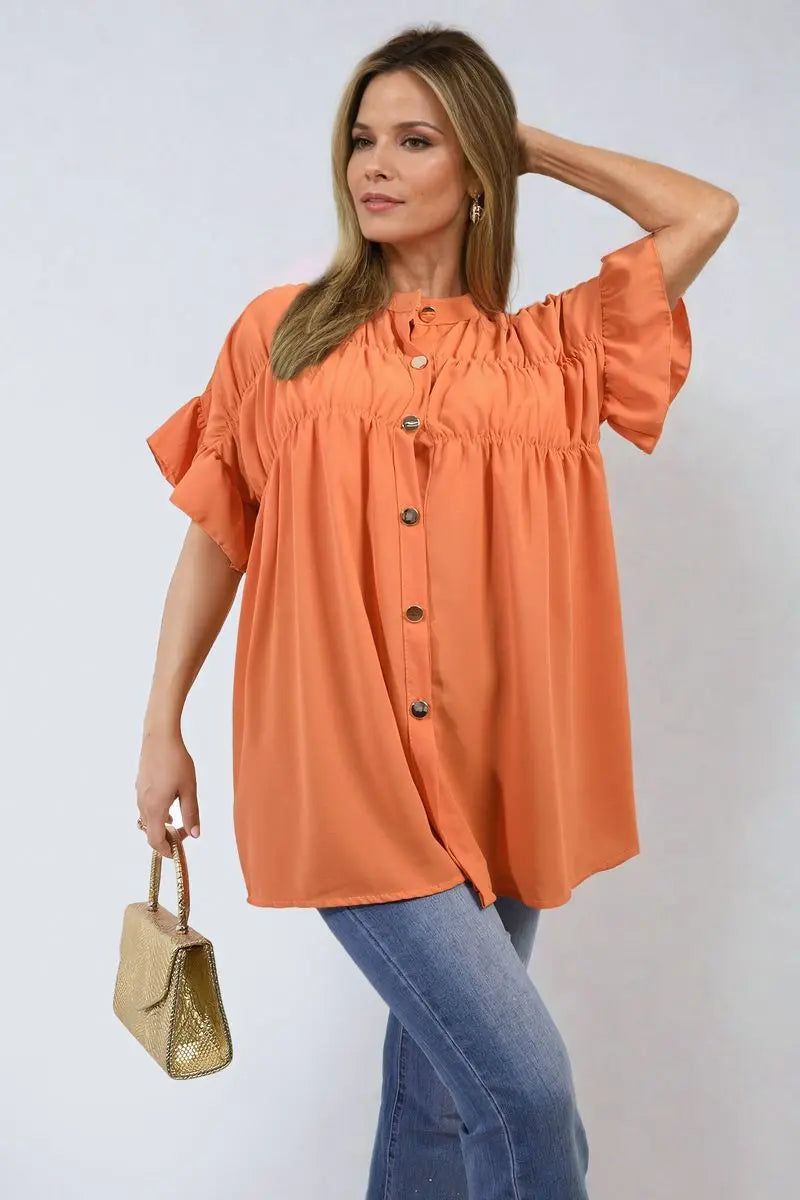 Button Down Pleated Frill Tops-15