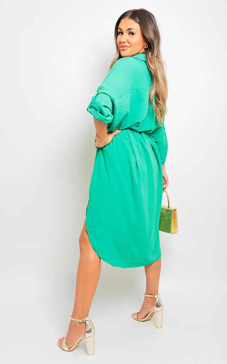 Button Down Pull Up Sleeve Midi Dress with Front Pocket-1