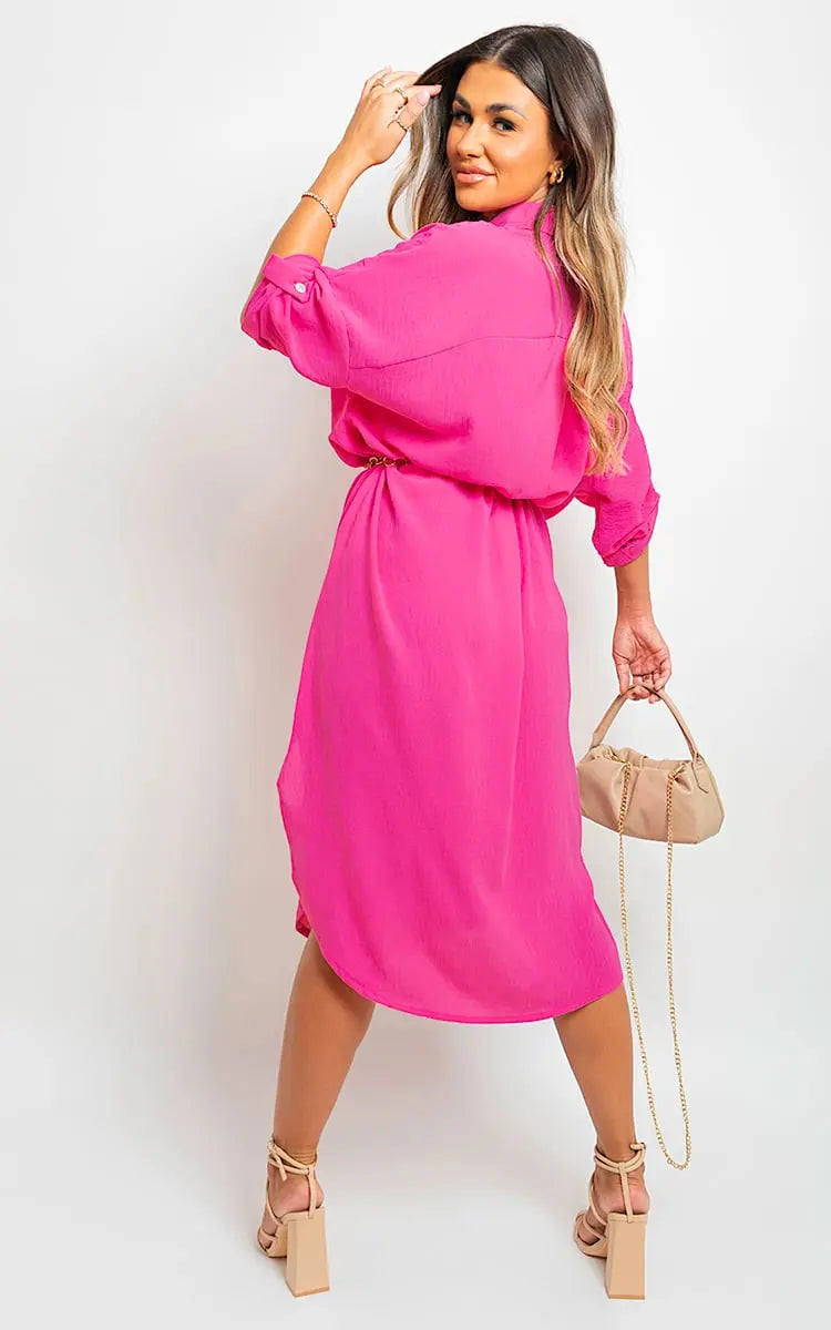 Button Down Pull Up Sleeve Midi Dress with Front Pocket-2