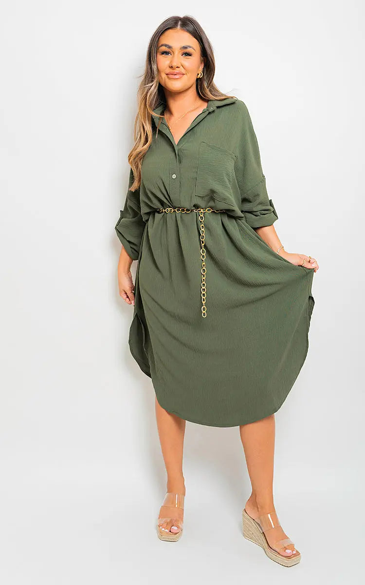 Button Down Pull Up Sleeve Midi Dress with Front Pocket-3