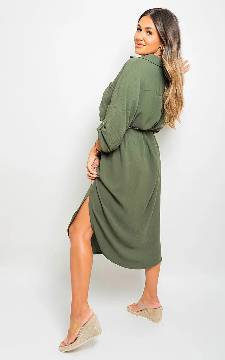 Button Down Pull Up Sleeve Midi Dress with Front Pocket-4