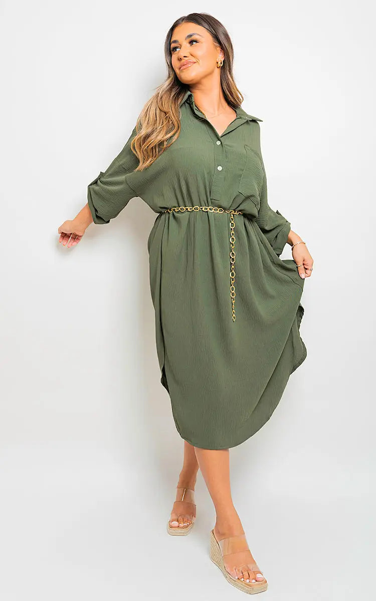 Button Down Pull Up Sleeve Midi Dress with Front Pocket-7