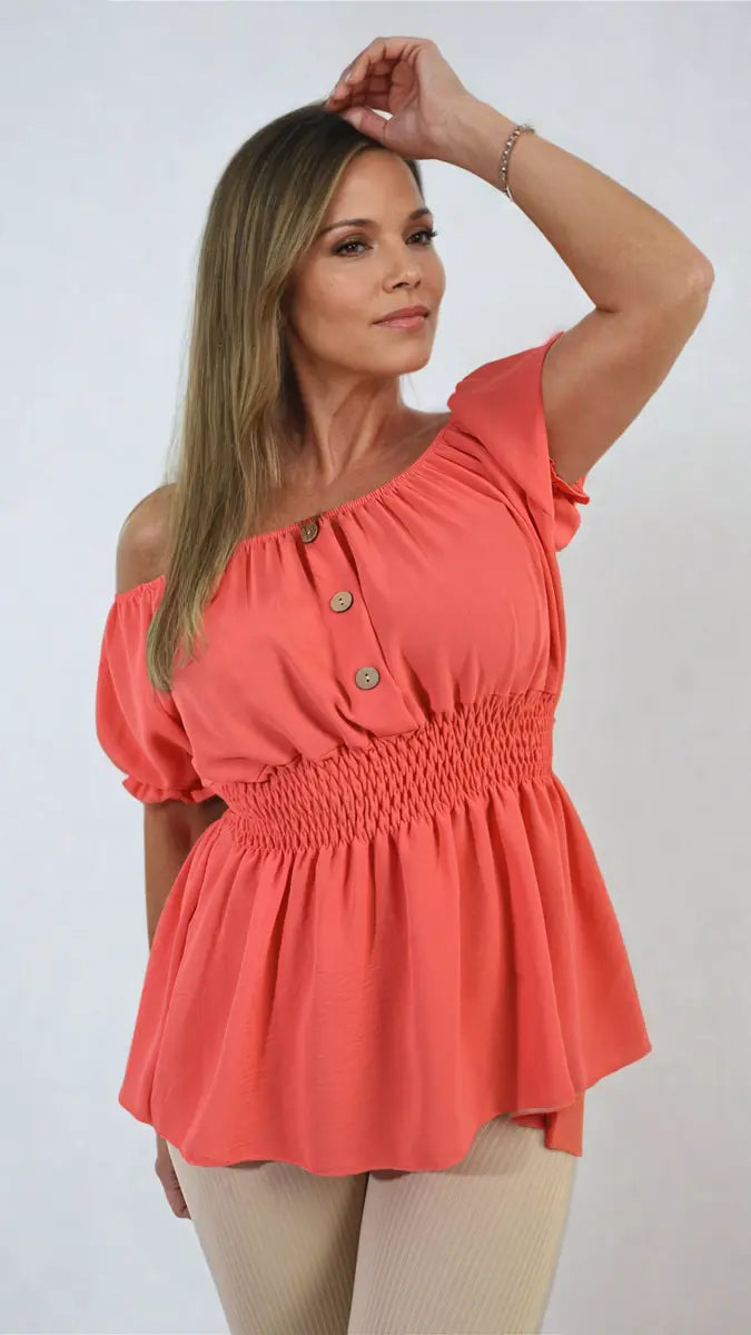 Button Front Cinched Waist Top-2