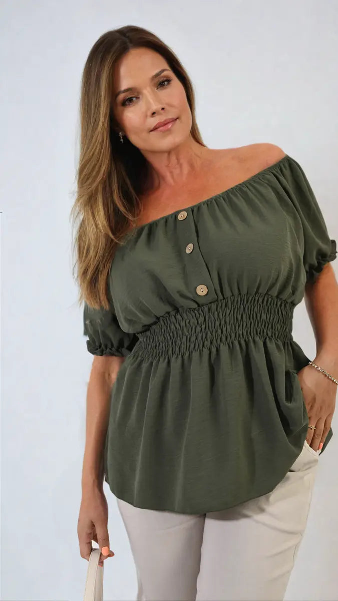 Button Front Cinched Waist Top-7