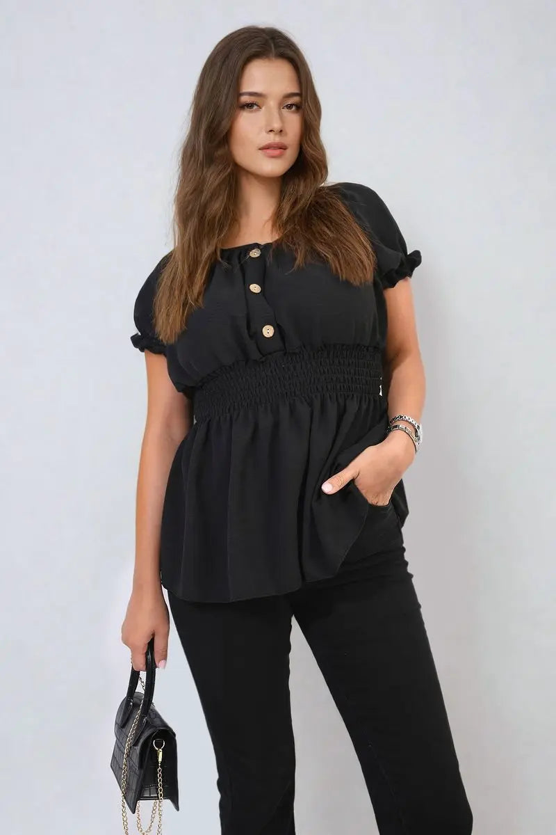 Button Front Cinched Waist Top-9