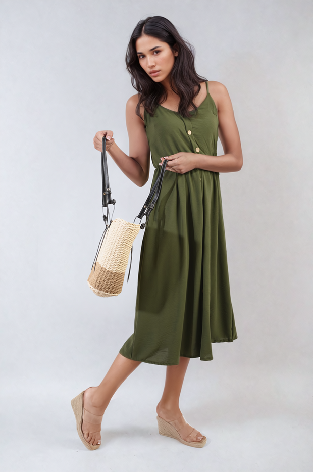 Button Front Strappy Midi Dress - Memoriex 