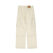 High street solid color multi pocket cargo pants men ins street punk loose open line straight wide leg cropped pants - Memoriex