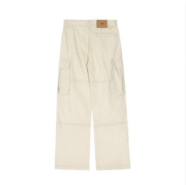 High street solid color multi pocket cargo pants men ins street punk loose open line straight wide leg cropped pants - Memoriex