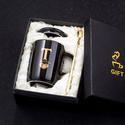 400ml Creative Gold Finger Printing Black Ceramic Coffee Mug Tea Cup With Gold Handle As Gift With Lid And Spoon - Memoriex