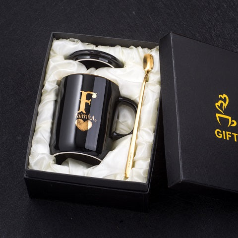 400ml Creative Gold Finger Printing Black Ceramic Coffee Mug Tea Cup With Gold Handle As Gift With Lid And Spoon - Memoriex