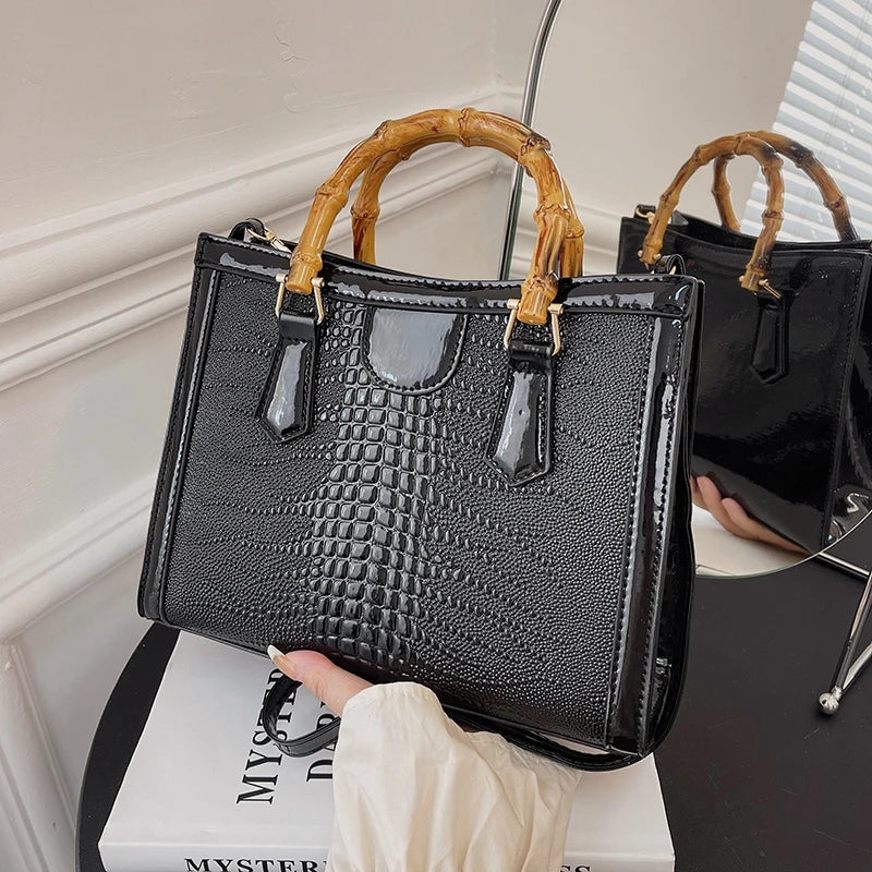 High Quality Leather Shoulder Bag For Women Luxury Alligator Handbag Designer Women Bag Retro Bamboo Handle Tote Bag Female - Memoriex 