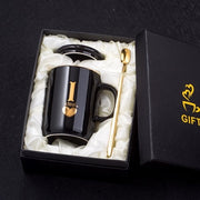 400ml Creative Gold Finger Printing Black Ceramic Coffee Mug Tea Cup With Gold Handle As Gift With Lid And Spoon - Memoriex