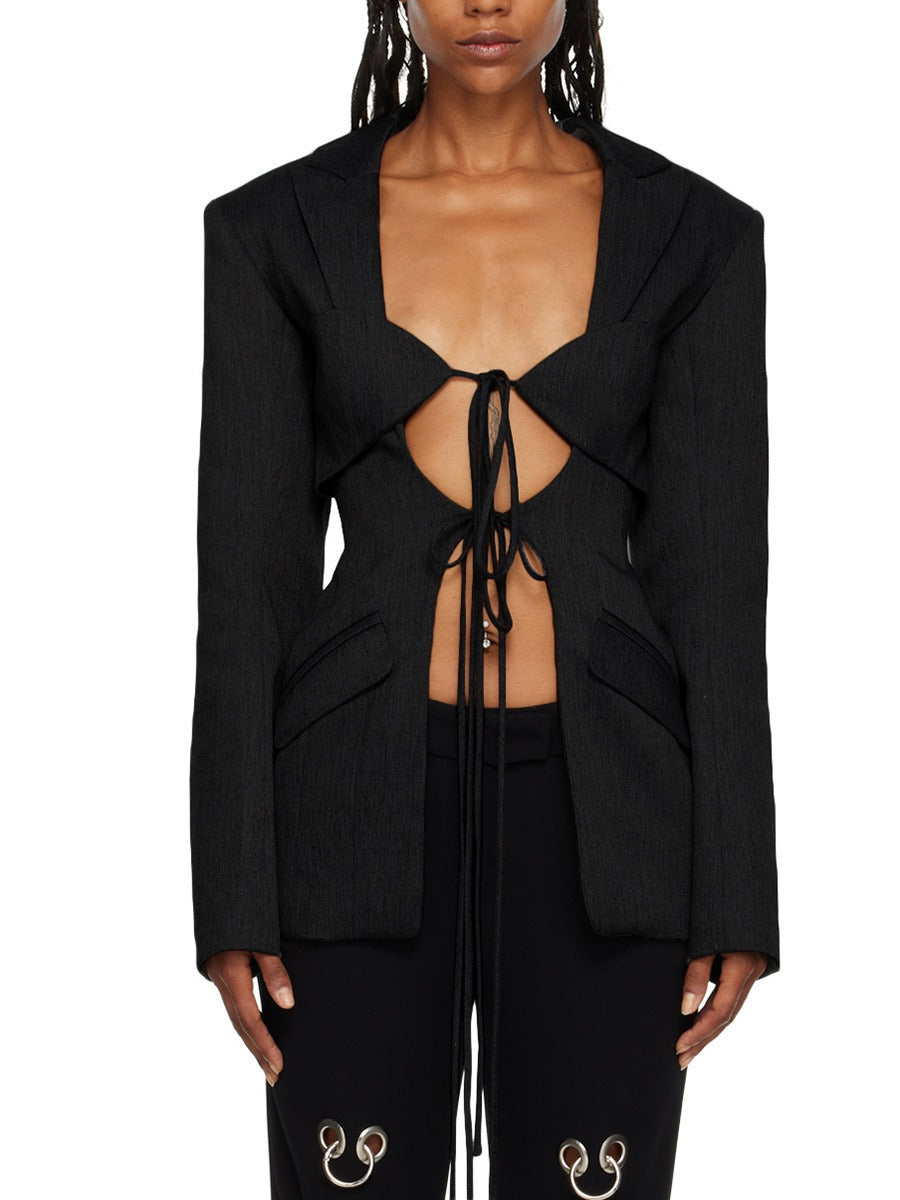 V-neck tie with hollow waist irregular splicing design stylish suit jacket for women