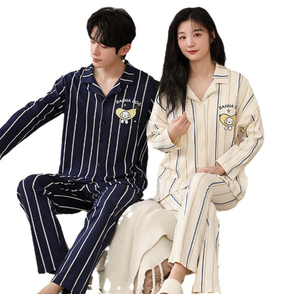 Matching Couples Button-Front Pyjama Set, Collared Top and Trousers, His and Hers Winter Loungewear