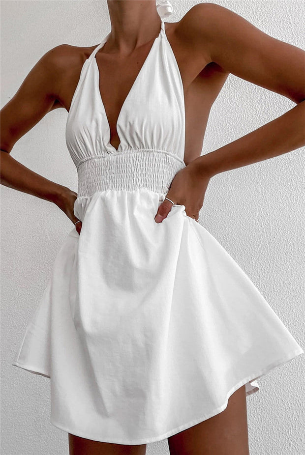 Captivate with Confidence: Deep V-Neck Lace-Up White Dress - Memoriex 