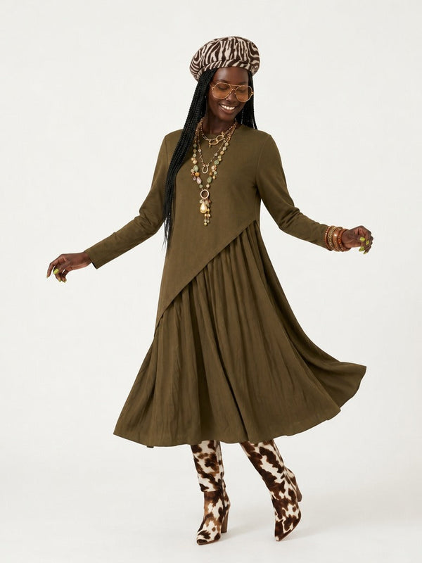 Grounded Pleated Irregular Midi Dress-0