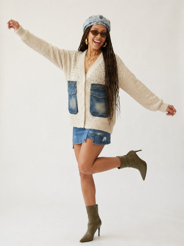 Unique Knit Denim Patchwork Cardigan-0
