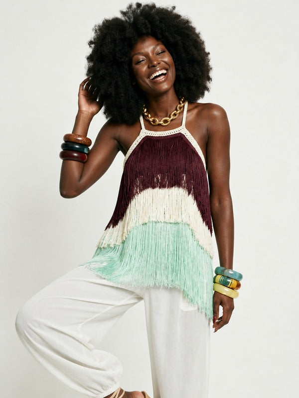 Free Spirit Fringe Halter Blouse-0