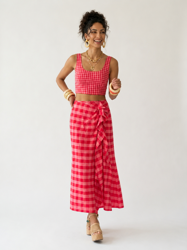 Vibrant Plaid Ruffled Midi Skirt-0