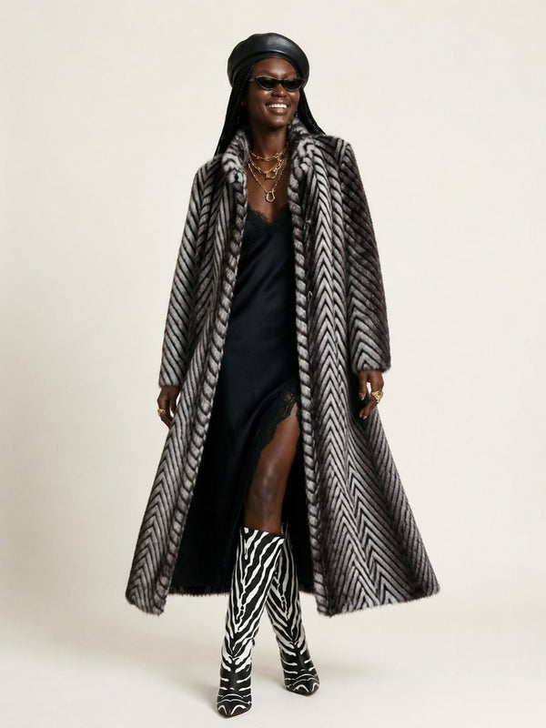 Elegant Faux Fur Striped Maxi Coat-0