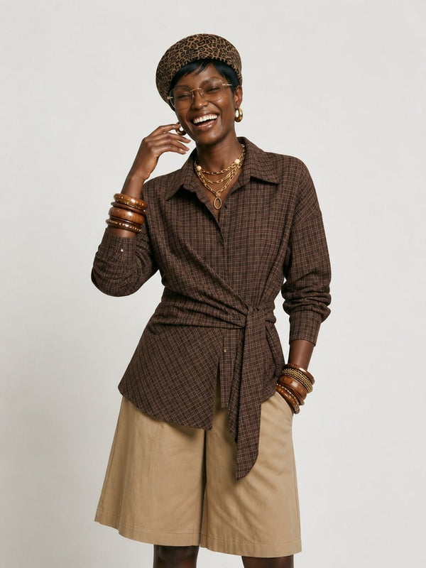 Grounded Plaid Tie-Waist Blouse-0