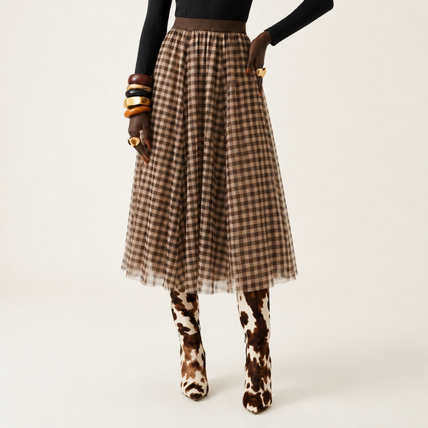 Grounded Plaid Mesh A-Line Skirt-0